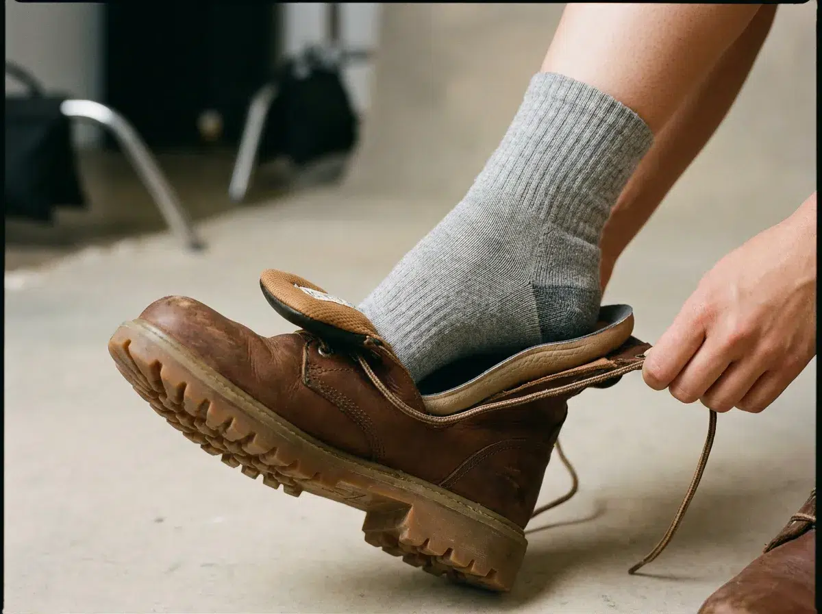 Essayage chaussure de sécurité femme chaussant ergonomique