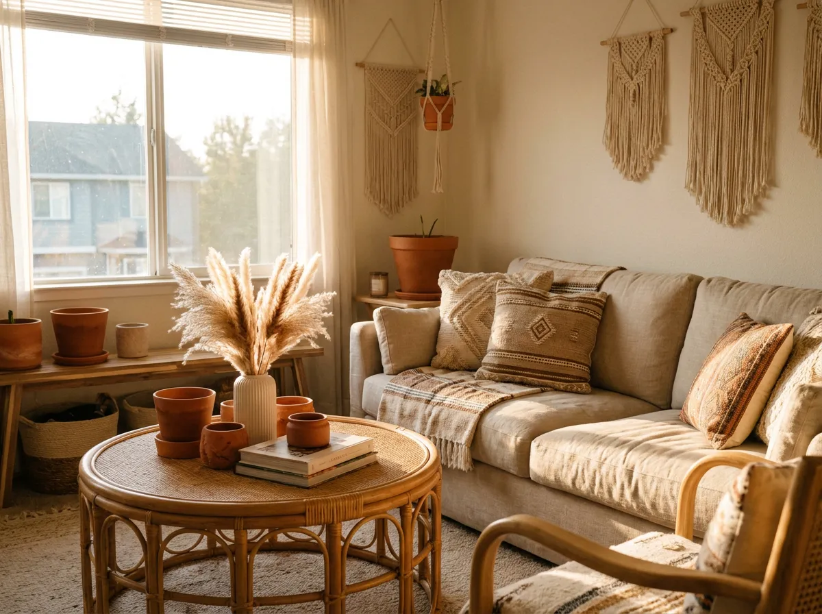 Table basse ronde en rotin dans un salon bohème avec canapé beige et décoration naturelle