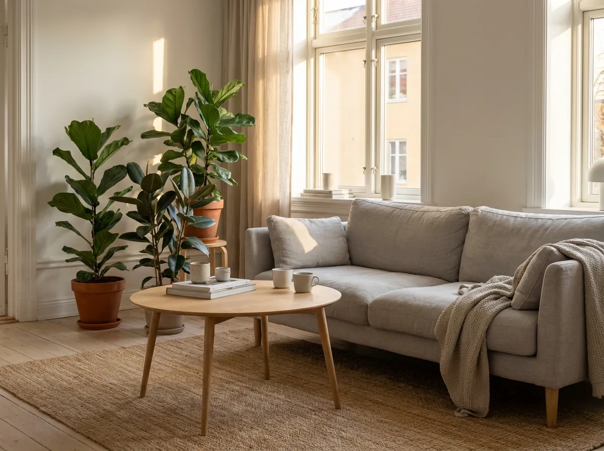 Table basse en bois naturel dans un salon scandinave avec canapé gris et plantes vertes