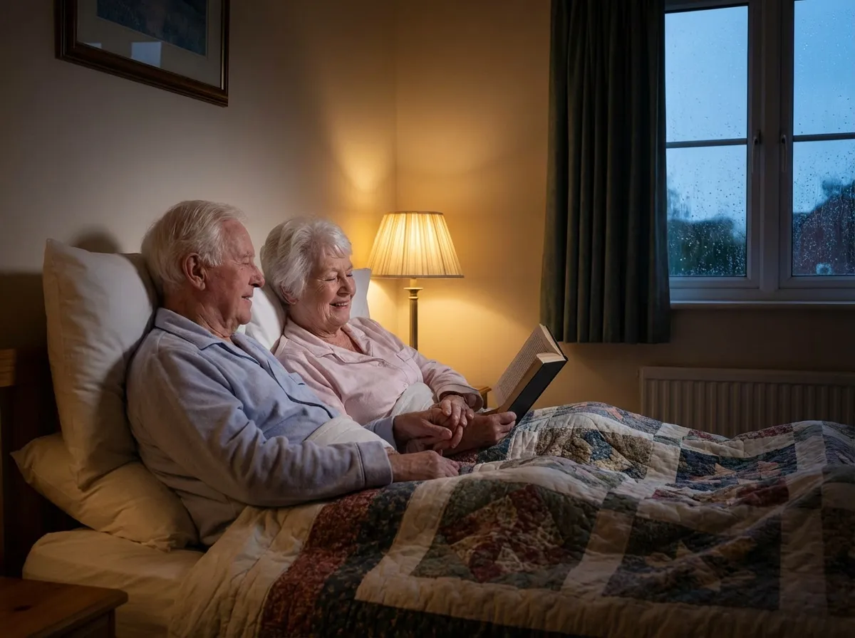 couple personnes âgées lit à domicile le soir avant de se coucher, rassurées d'être surveillées 