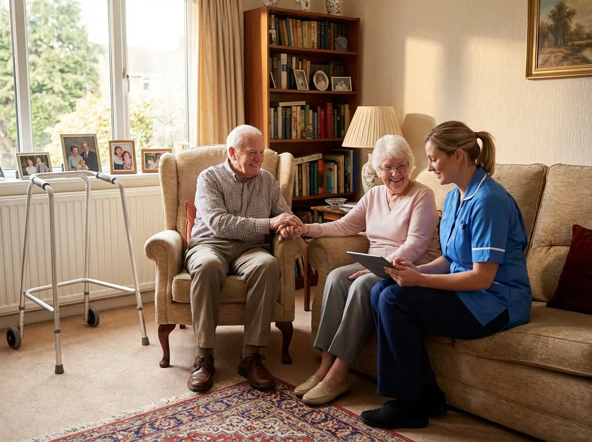 une soignante à domicile aupres d'un couple de retraité heureux