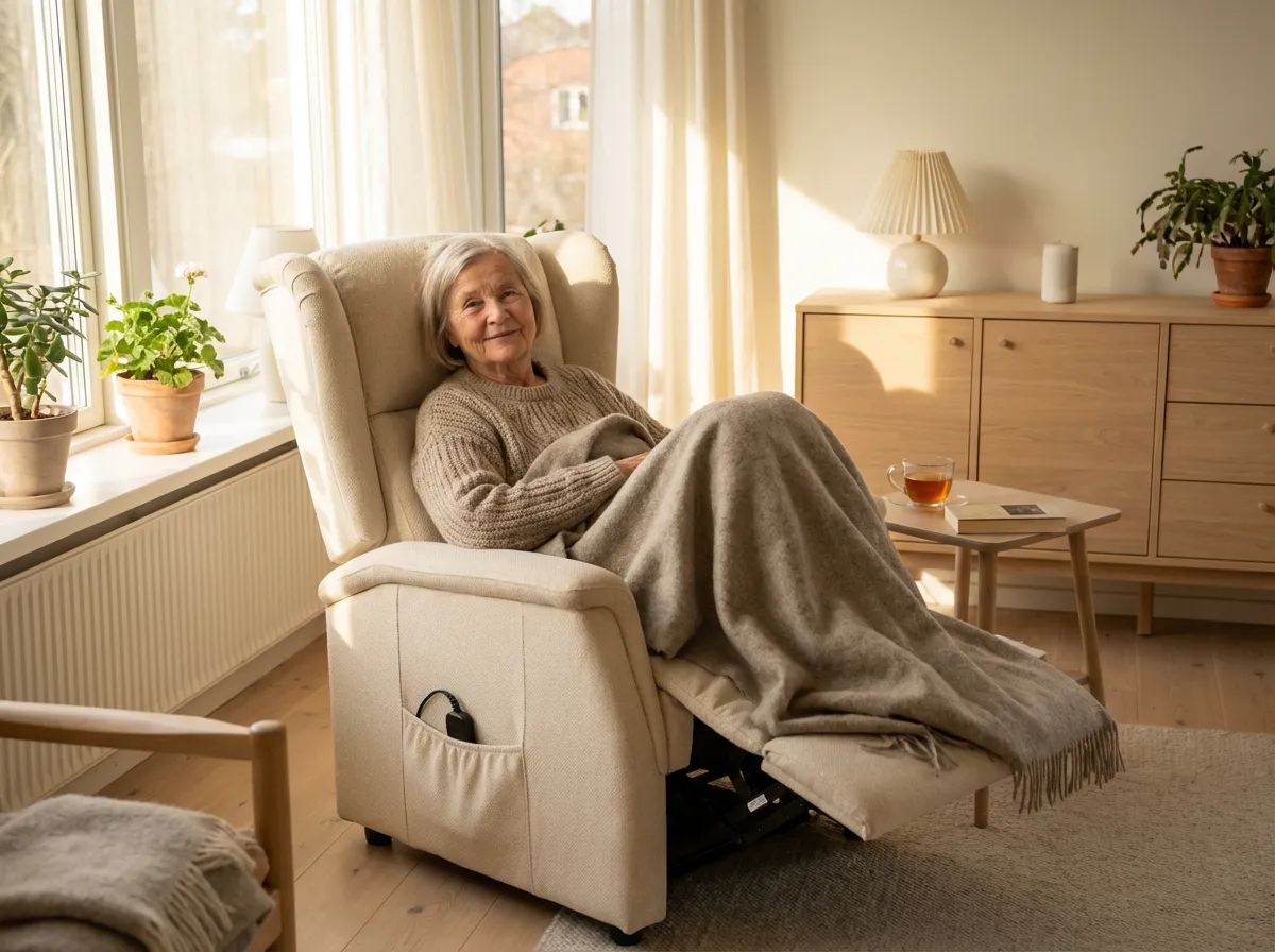 Femme âgée assise dans un fauteuil coquille électrique dans un salon lumineux