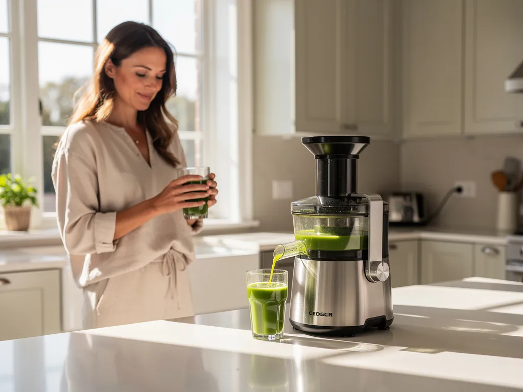 Femme 40 ans en forme dans sa cuisine préparant un jus frais avec un extracteur de jus