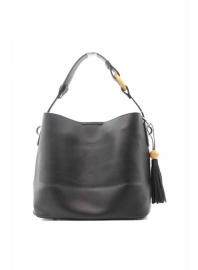 sac simili cuir noir pompon et boucle bambou