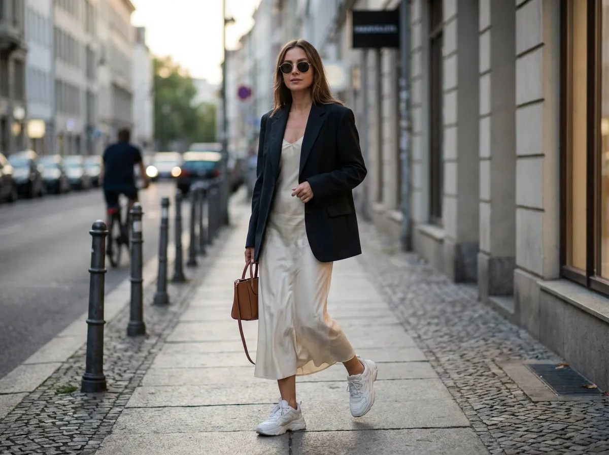 Robe nuisette portée avec une veste structurée et des baskets, silhouette moderne, contraste entre féminité et style urbain
