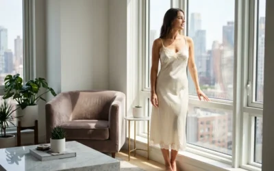 Femme élégante portant une robe nuisette fluide, matière satinée, lumière naturelle, décor urbain