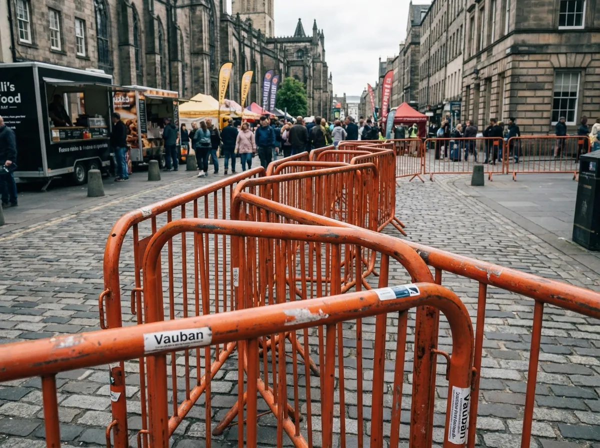 Rangée de barrières Vauban métalliques orange alignées dans une rue lors d'un événement en plein air