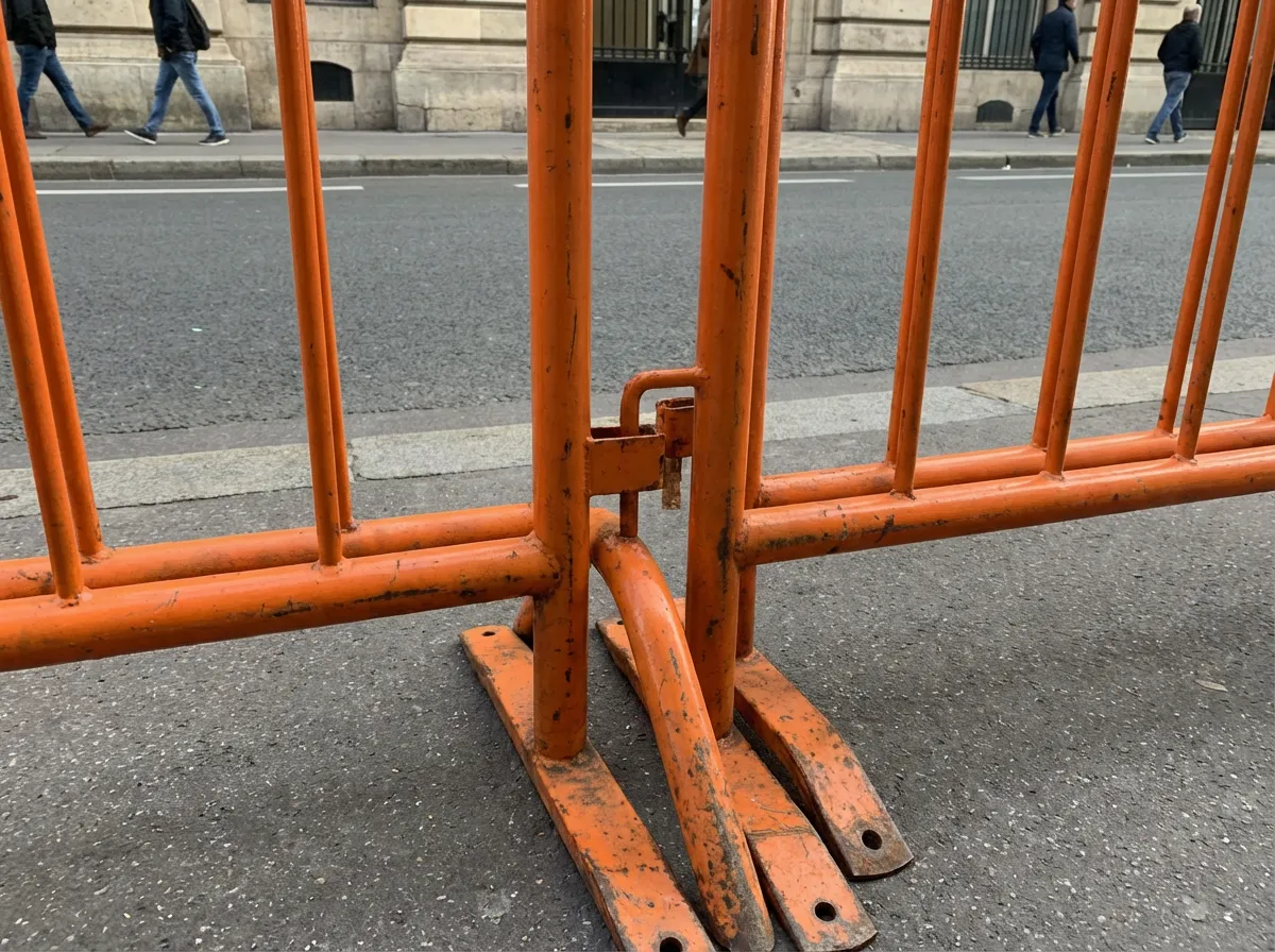 Détail d'assemblage de barrières Vauban métalliques — système d'emboîtement et pieds stabilisateurs