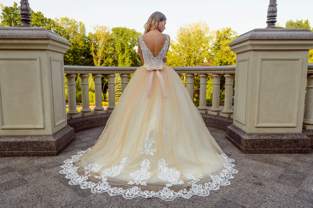 Magnigique mariée de dos en robe de princesse en extérieur, parc