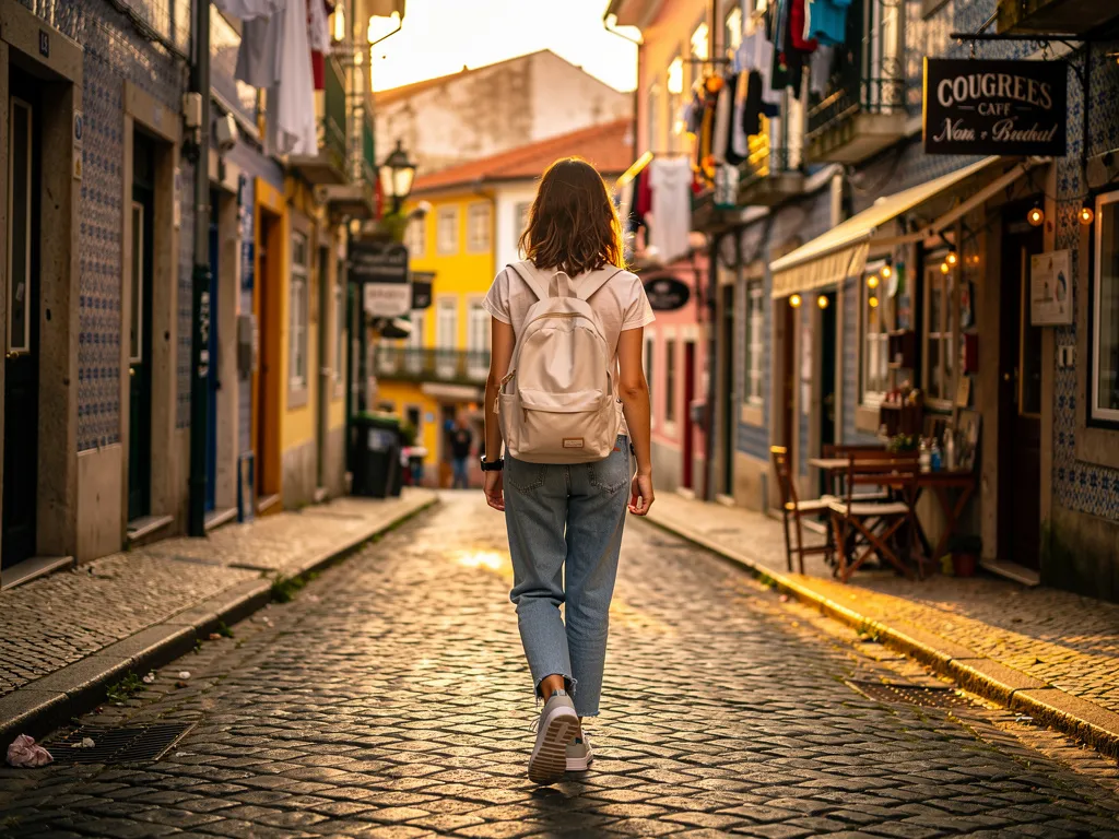 Une jeune femme de dos, sac à dos léger, tenue simple et moderne, marchant dans une petite rue colorée de Porto, lumière dorée, ambiance week-end spontané, mood “escapade pas chère”.