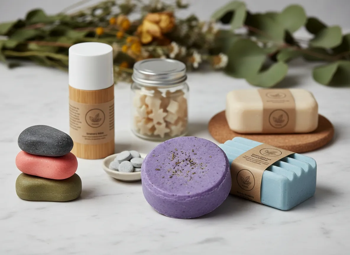 une belle sélection de cosmétiques solides : shampoing dentifrice déodorant savon baumes solides