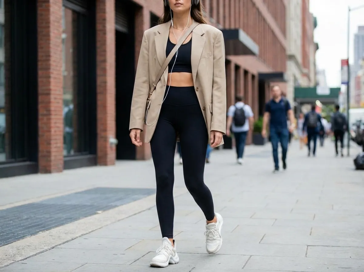 Femme portant legging noir, blazer beige et baskets blanches en style sportswear urbain