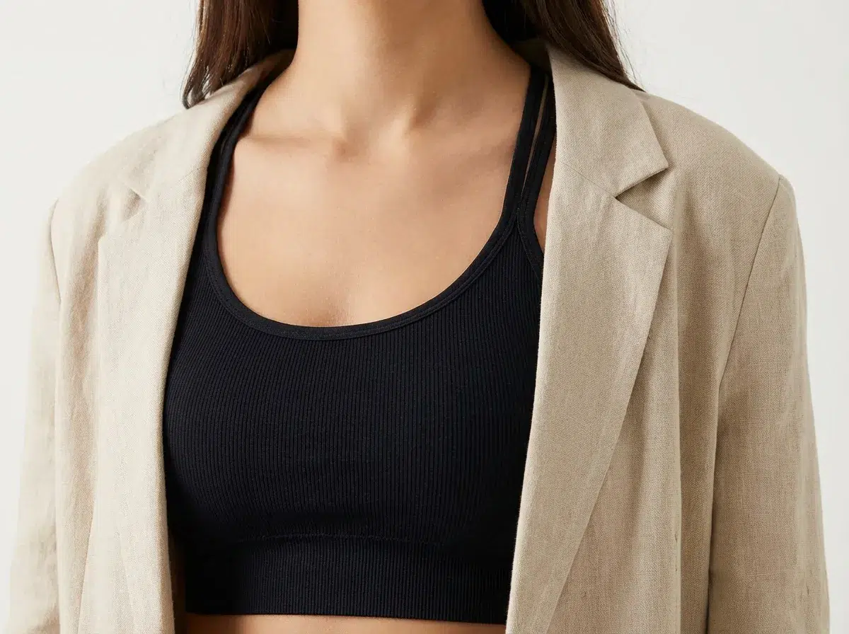 Détail d'une brassière sportswear noire visible sous un blazer beige ouvert