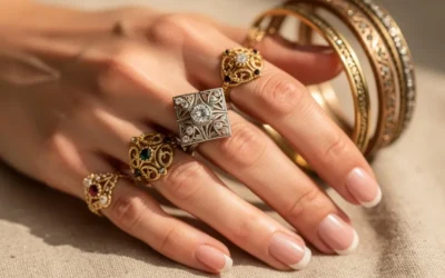 beaux bijoux anciens sur main femme, bagues et bracelet