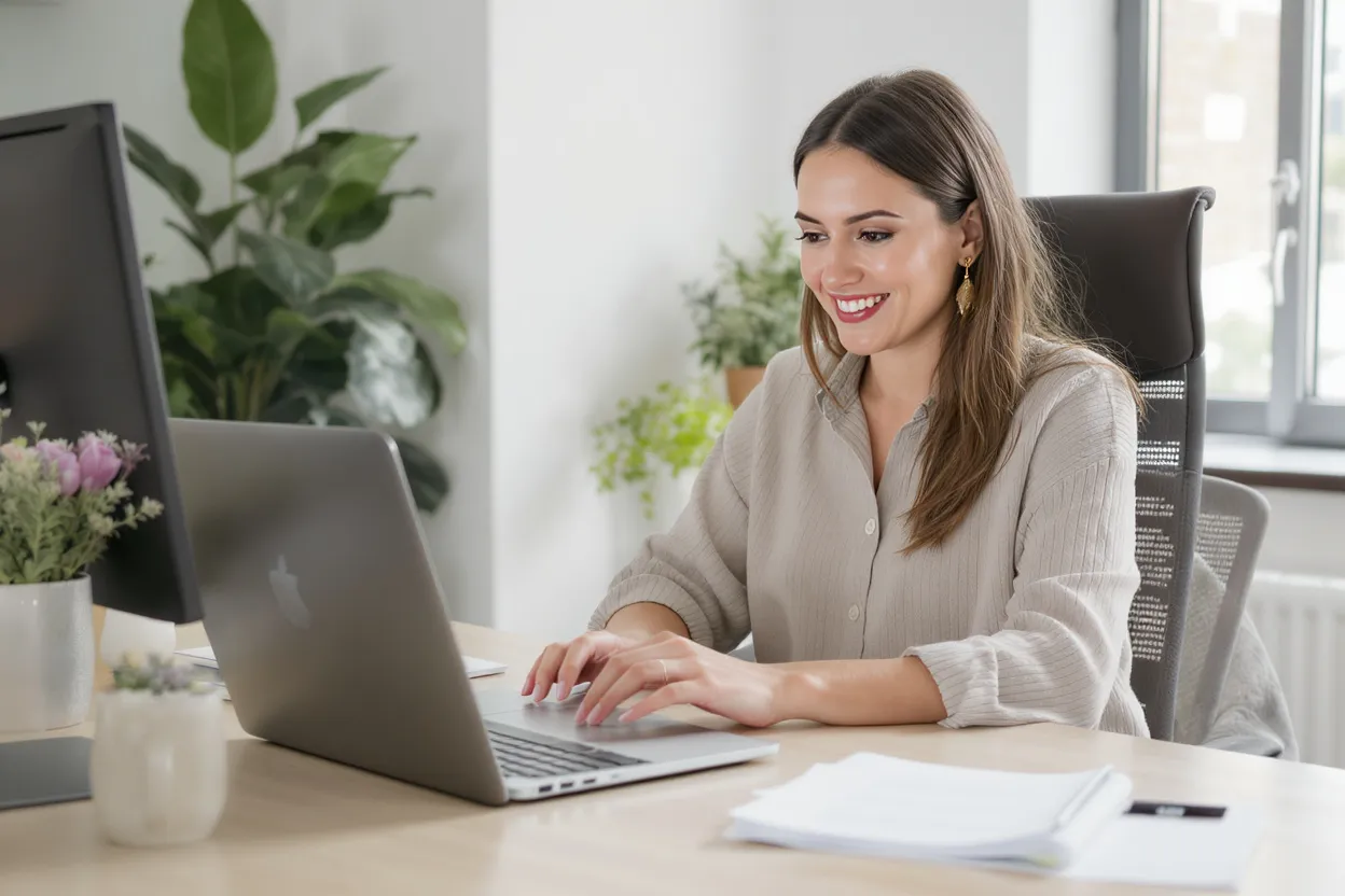 Femme fait ses factures avec le sourire