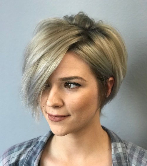 Short Razored Blonde Bob With Gray Highlights