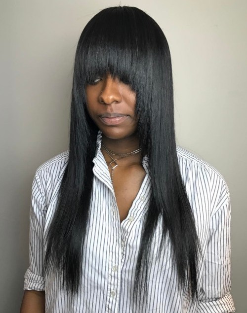 Black Straight Layered Hairstyle With Bangs