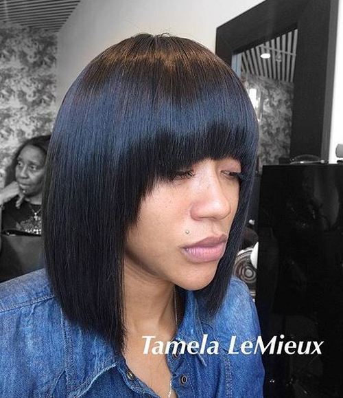 collar-bone straight bob with arched bangs