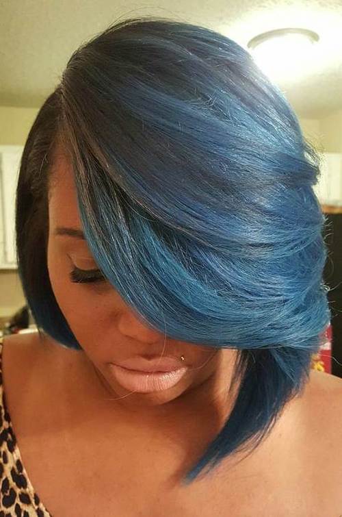 black asymmetrical bob with blue balayage