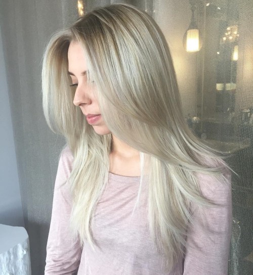 Long Layered White Hairstyle With Ash Blonde Roots