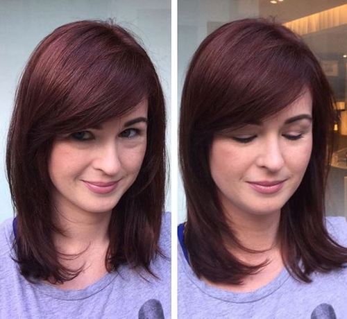 medium layered burgundy hairstyle