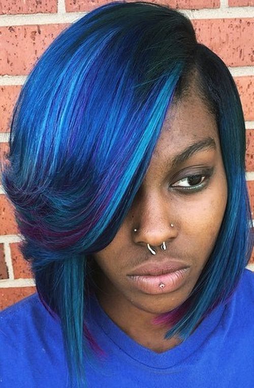 blue bob with purple highlights for black women