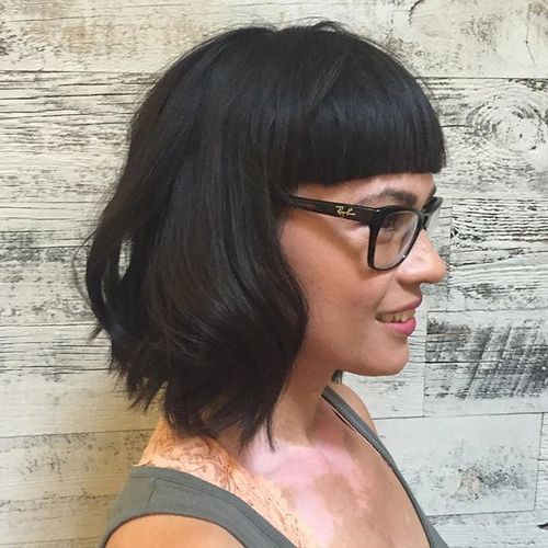 black wavy lob with cropped blunt bangs