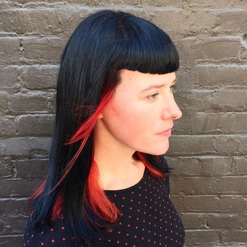 shoulder length straight hairstyle with cropped bangs