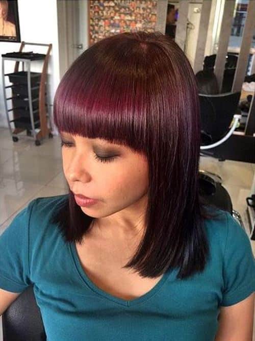 long burgundy bob with blunt bangs