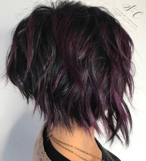 Black Shaggy Bob With Purple Balayage