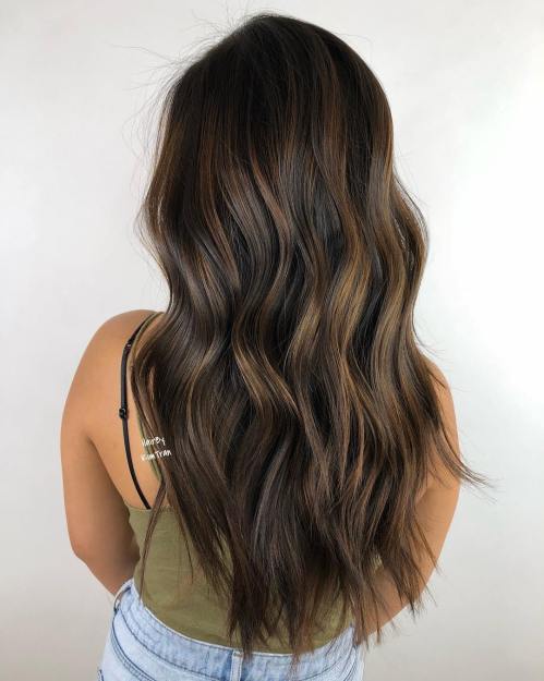 Long Dark Brown Hair With Golden Balayage