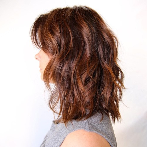 shoulder length wavy auburn balayage bob