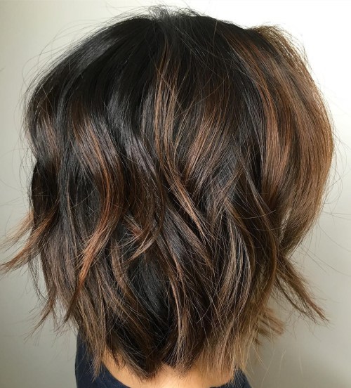 Shaggy Black Bob with Caramel Highlights