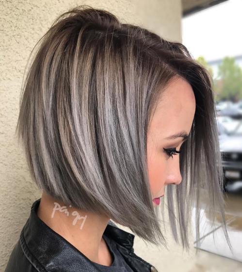 Angle Brown Bob With Gray Balayage