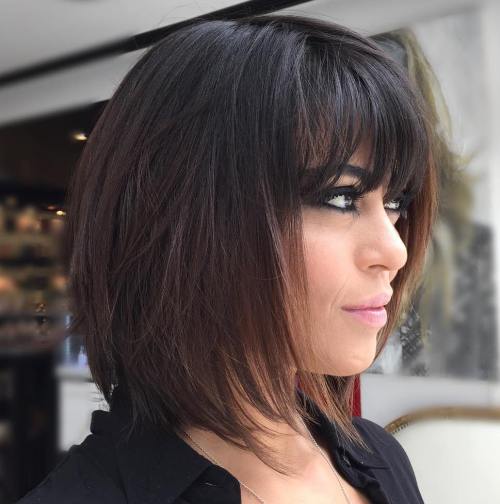 Dark Brown Layered Bob With Bangs