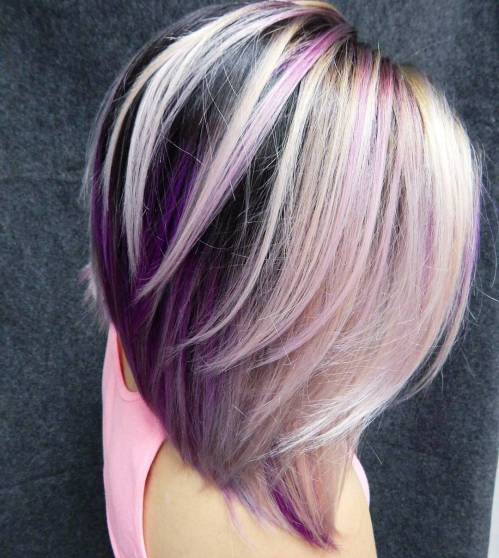 Layered Black, Blonde And Purple Bob