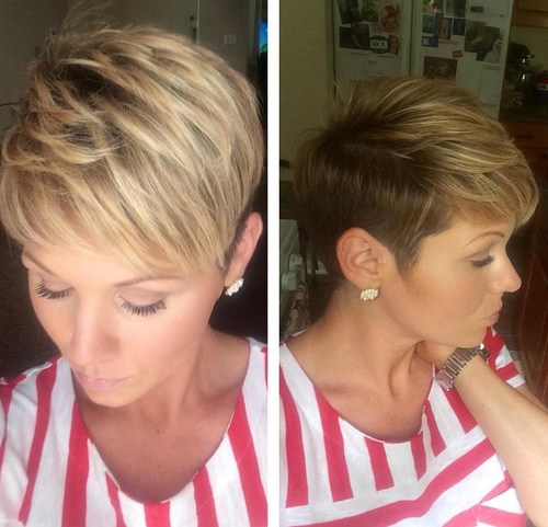 short light brown pixie with blonde highlights