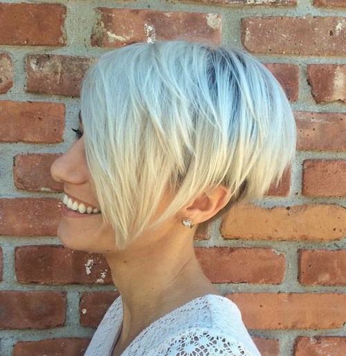 Layered Blonde Pixie Bob With Long Bangs