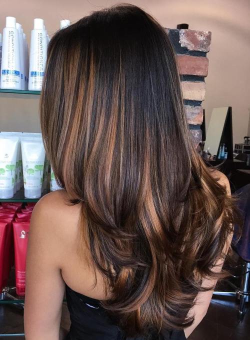 Black Hair With Caramel Brown Balayage