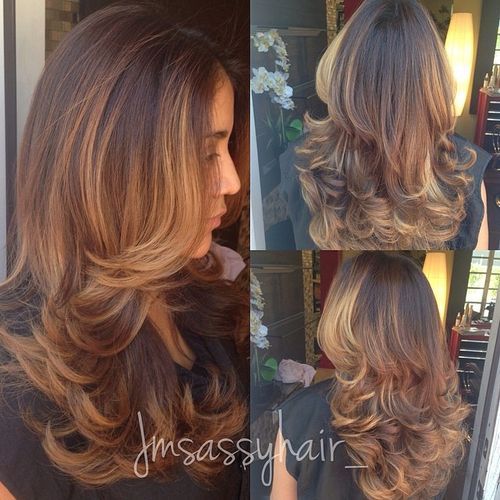 long layered hairstyle with balayage highlights