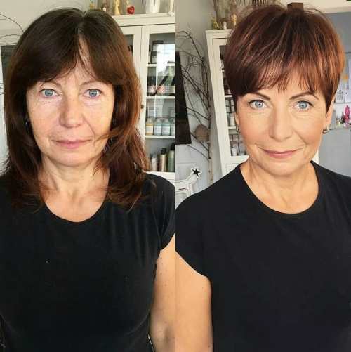 Avant après coupe courte femme pixie plus de 60 ans qui rajeunit