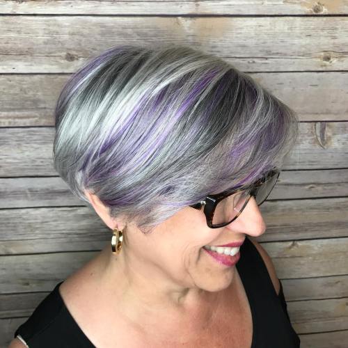 50+ Gray Bob With Pastel Purple Balayage