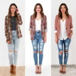 Trois looks tendance en jean déchiré pour femme, associés à veste, talons et chemise pour un style moderne
