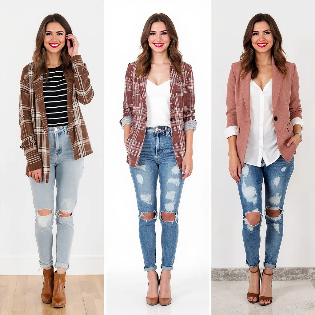 Trois looks tendance en jean déchiré pour femme, associés à veste, talons et chemise pour un style moderne