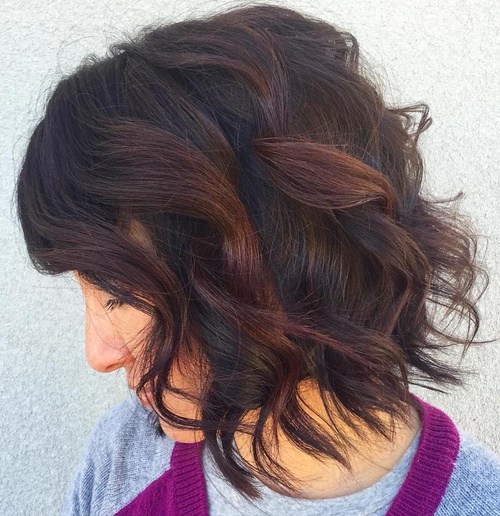 black wavy bob with reddish brown highlights