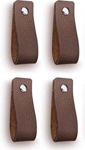Tiradores de piel para muebles, color pardo, 4 unidades, para armarios, cocina y puerta, se envía con tornillos en 3 colores