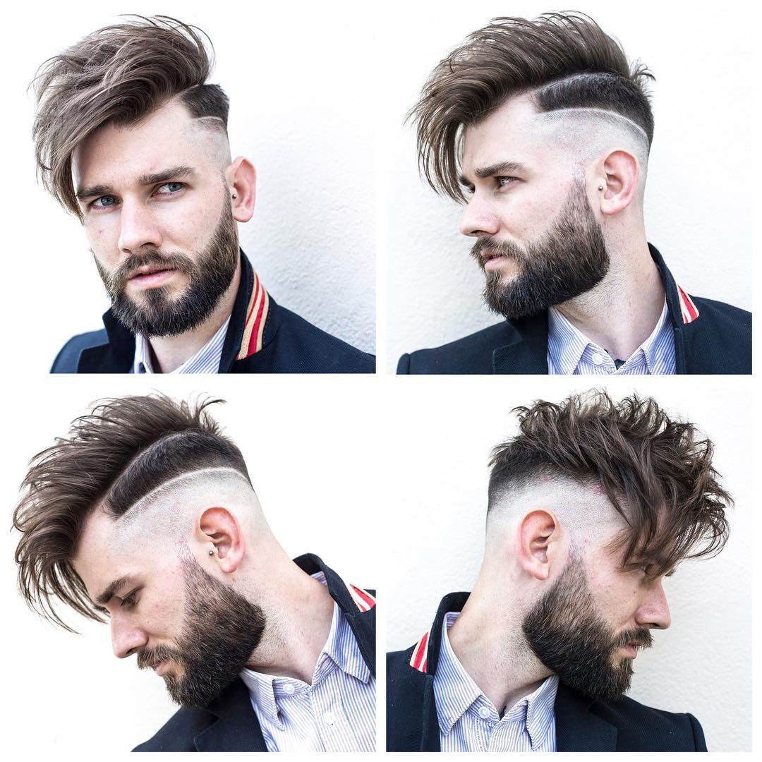 Corte de cabelo masculino com franja longa e barba desconectada