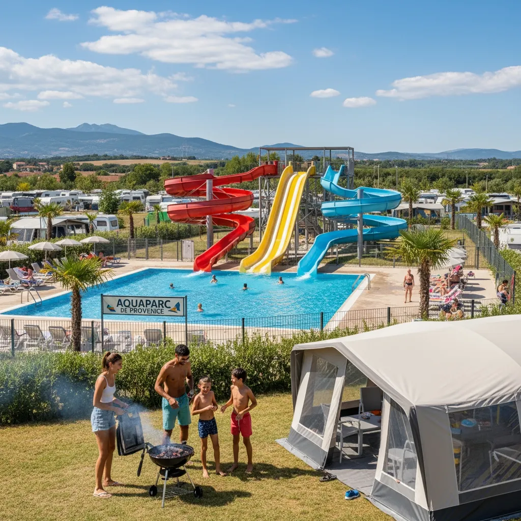 famille en camping grand toboggan piscine dans un camping aquatique en France, ambiance estivale. vraie photo réaliste