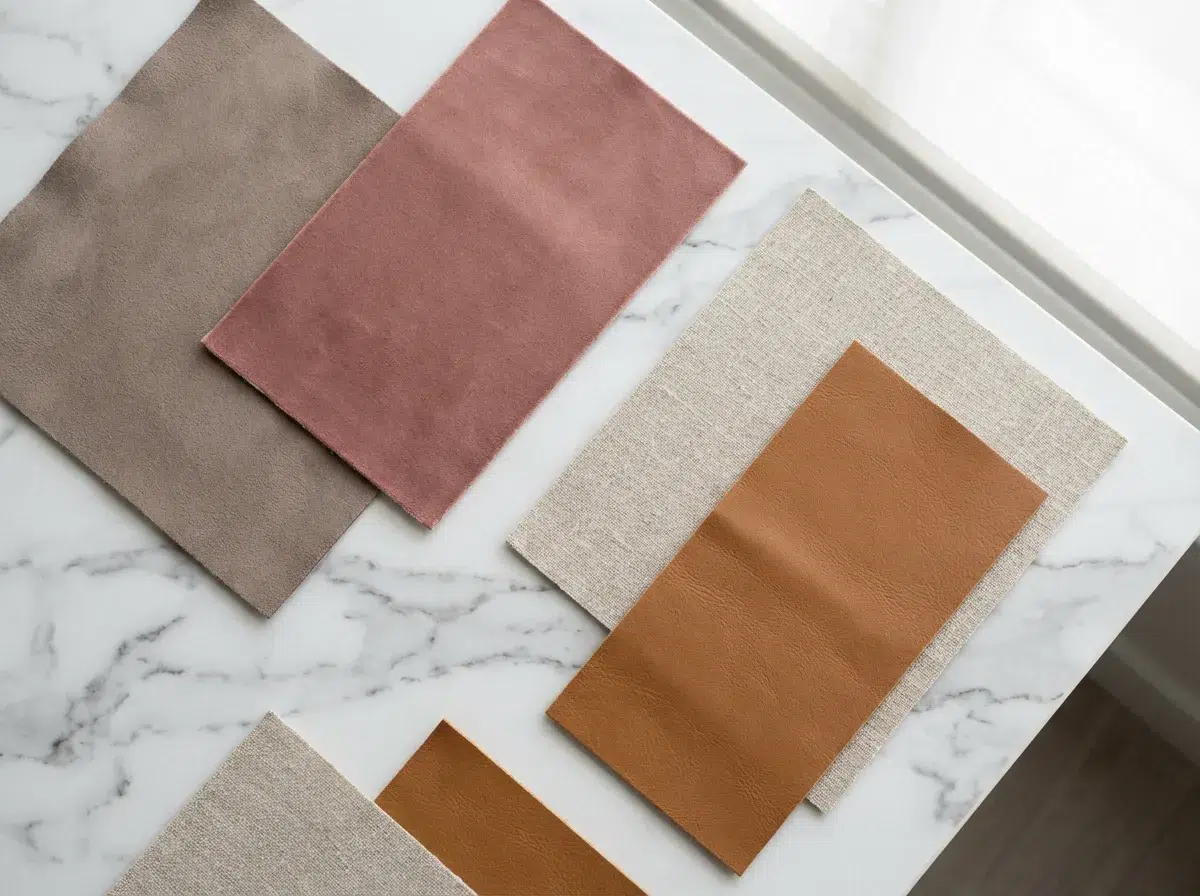 Échantillons de tissus pour canapé : microfibre, velours, lin et cuir