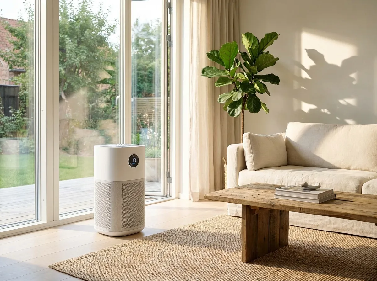 Purificateur d’air dans un salon lumineux et moderne